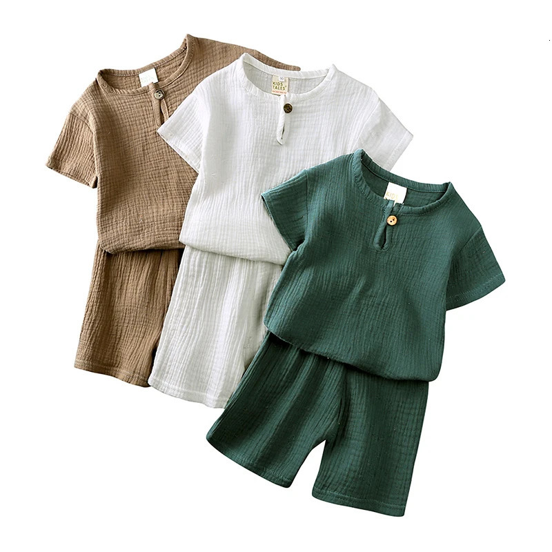 selling childrens clothing set 2-piece linen cotton baby boy and girl clothing born topshorts childrens set 250409