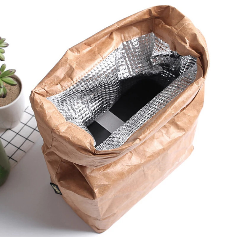 Brown paper lunch bag reusable insulated cooler with magnetic seal 250401