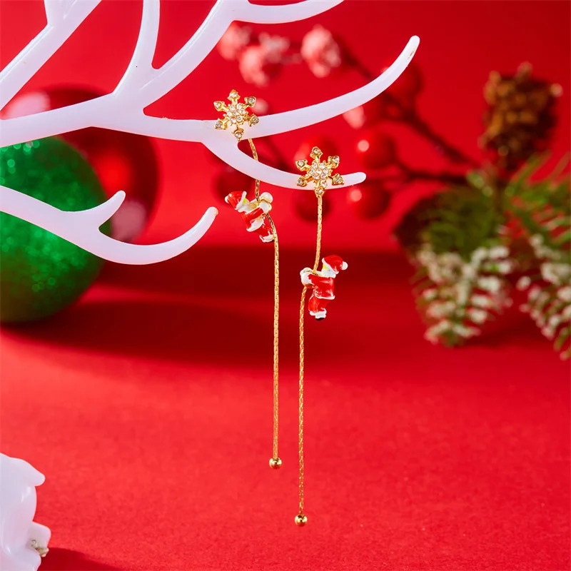 Fashion Christmas Asymmetric Tassel Earrings for Women Crawling Santa Claus Snowflake Elk Bell Pendant Long Chain Jewelry Gift 251031