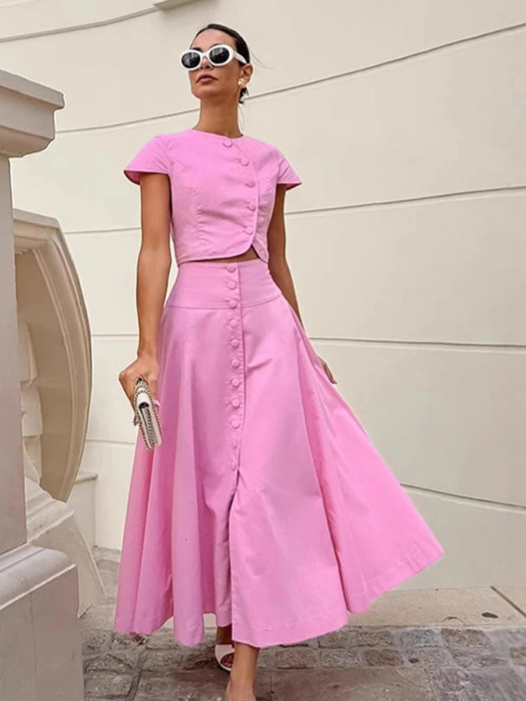 Women Vest Skirt Suit Solid O-neck Single Breasted Short Sleeve Short Top Button Wide Leg Skirts Female Summer Lady Beach Wears 251107
