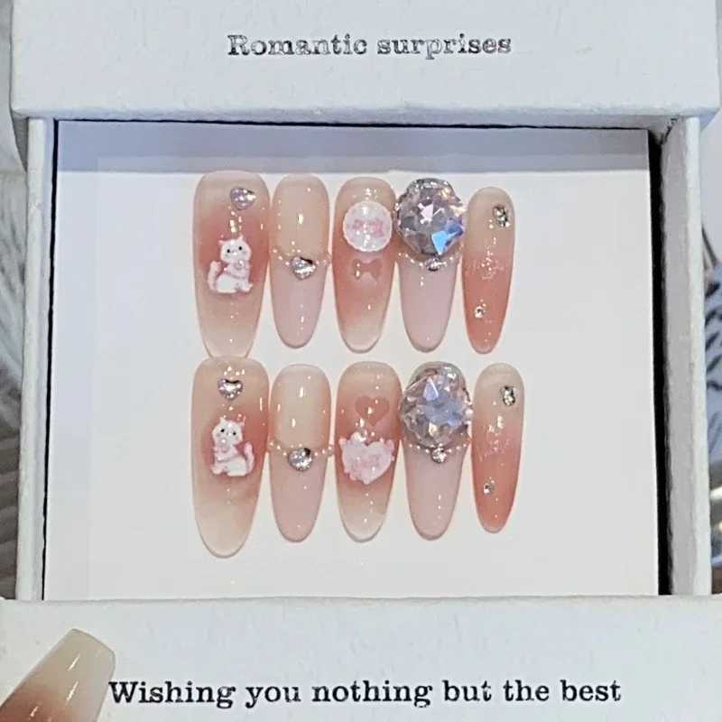 0pcs Cat Eye French Short Almond Handmade Fake Nails with Diamond Decorative Design Simple and Fashionable Pressing Fake Nails W250410