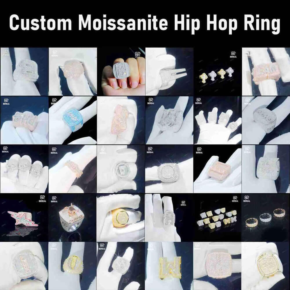 Custom Letter Iced Out Vvs Moissanite Hip Hop Ring Pass Dia Test Sier Rose Gold Plated Fine Jewelry Rings Men