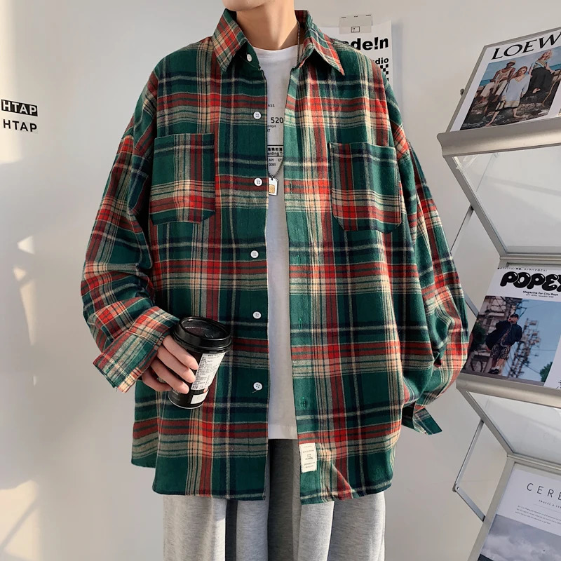 Harajuku Long Sleeve Plaid Shirts Men Big Size M-5XL Autumn Chic Loose Vintage High Street All-match Gentleman Camisa 250408