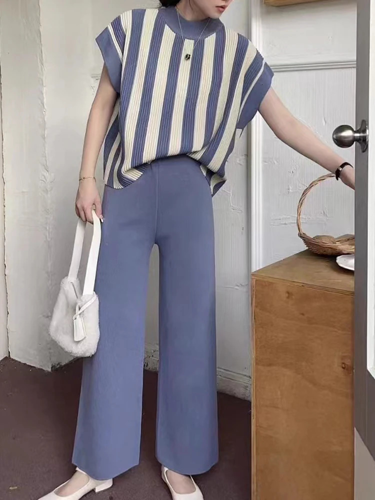 Women Sweater Pant Set Casual Striped Pullovers Suits Autumn Winter Knitted Short Sleeve Elegance OL Tops Elastic Sweaterpants 250408