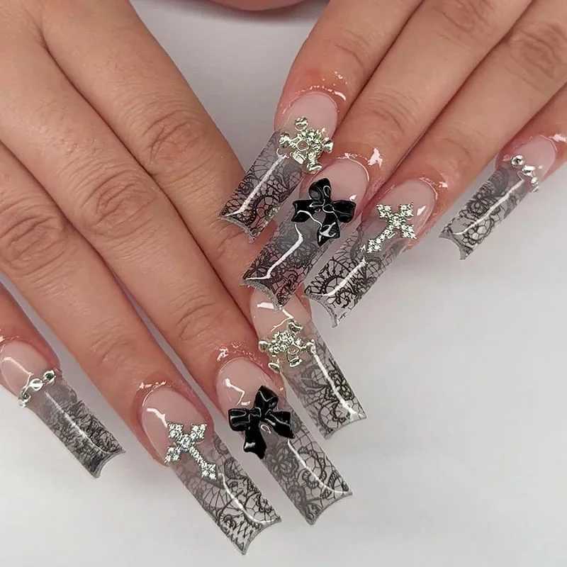 24pcs black bow fake nails diamond cross long ladder beach pattern press wearable nail tips for women and girls W250410