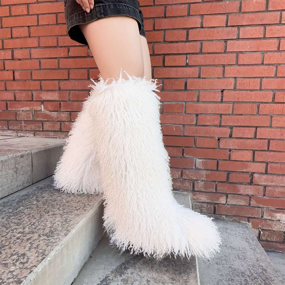 Women's Y2k Knee-Length Fluffy Snow Boots - Cozy Brown Faux Fur With Rubber Sole, Warm Winter Footwear For Outdoor Use, Cute And Stylish Desig