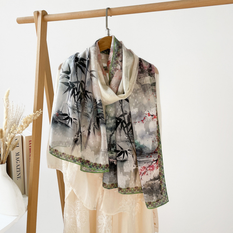 K354 Women's large shawl Chinese style hollow cut silk scarf Suzhou garden print shawl high-grade sunscreen gauze scarf