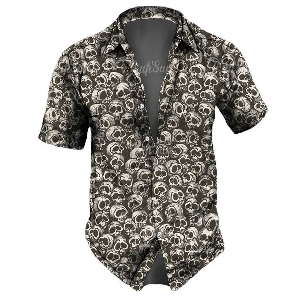 Skeleton mens summer casual shirt Hawaiian lapel streetwear retro street short sleeved party vacation Wansheng Festival X250410