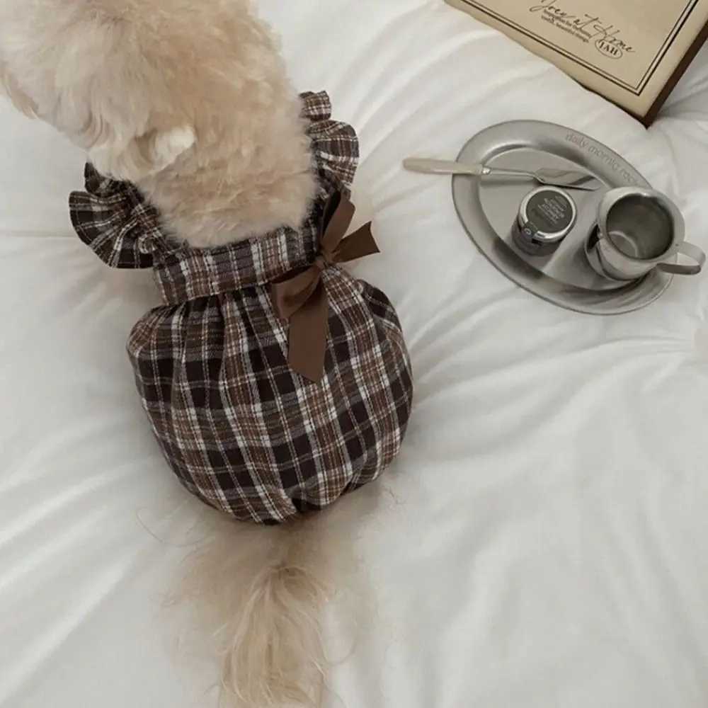 Retro Pet Plaid Strap Skirt Soft Breathable Cat Plaid Pleated Shirt Thin Design Flying Sleeve Pet Clothes Four Season J251110