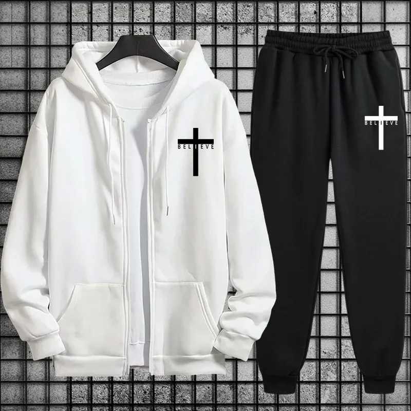 Autumn Winter Fashion Cross of Christ Mens Hip Hop Tracksuit Set 2025 New 2 Piece Outfit Zipper Hoodie Joggers Urban Streetwear W251110
