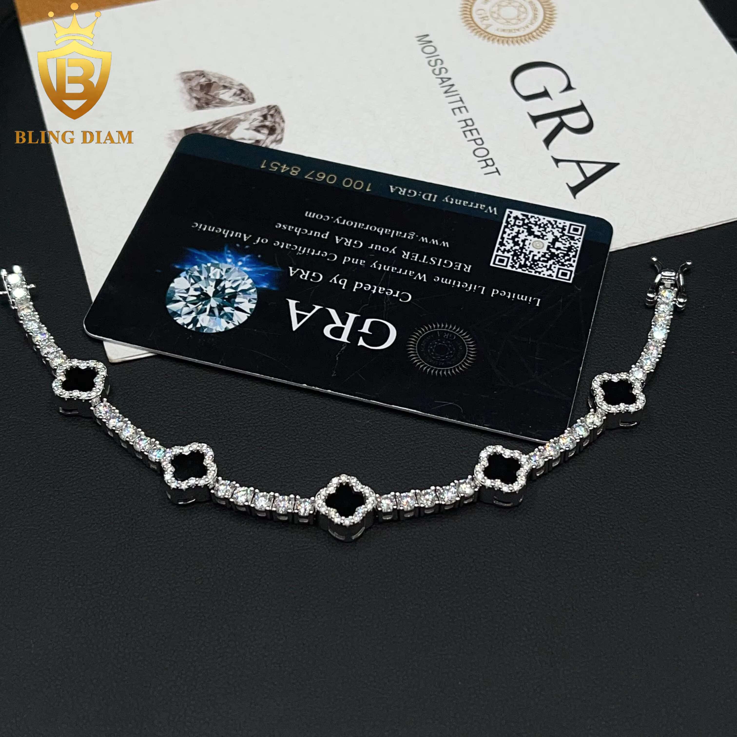 Small Black Clover 3mm New Design 925 Silver VVS Moissanite Pass Diamond Tester Tennis Bracelet Necklace