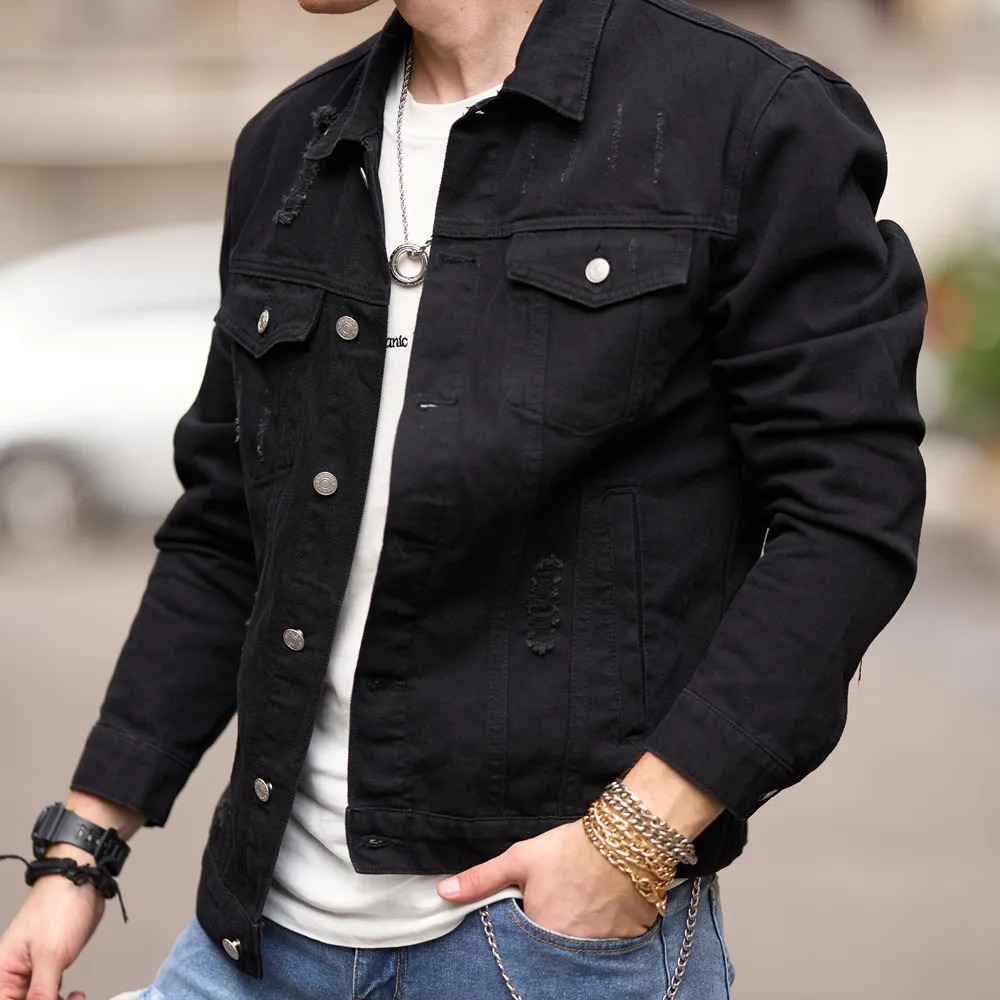 Mens streetwear fashion ultrathin denim jacket highquality mens simple solid casual 250401
