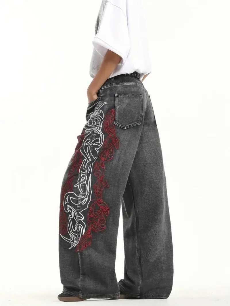 Y2K American New Pattern Embroidery Baggy Jeans Men High Streetwear Vintage Hip Hop Fashion Casual Joker Couple Wide-leg Pants C251110
