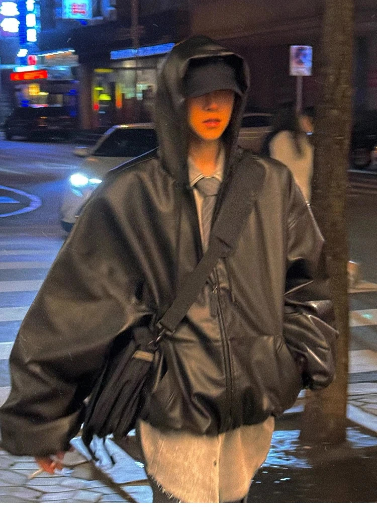 Korean Fashion Short Oversized Black Soft Pu Leather Jacket Coat Women Winter Hoodie Zipper Jacket Loose Casual Clothes 251103