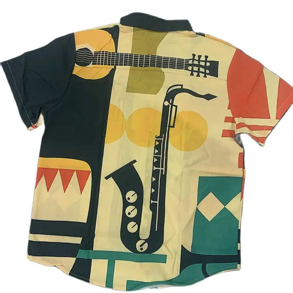 Mens Hawaiian mens casual musical instrument 3D printed loose short sleeved beach top Camisia Homme X250410