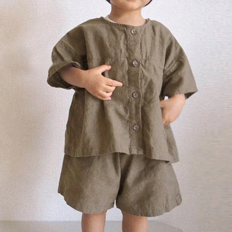 Childrens Retro Cotton Linen Set Summer Korean Childrens Casual Loose ShirtShorts Boys and Girls 2-piece Set WT045 250409