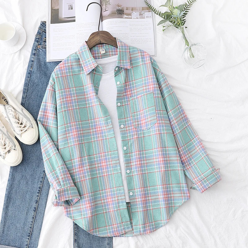 Fashion Loose Womens Plain Shirt Fresh University Style Shirt and Top Long Sleeve Casual Womens Checkered Clothes 250409