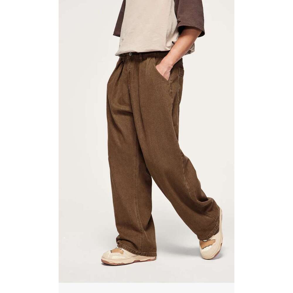 Brown Retro Washed Denim Pants Unisex Classic Straight Leg Jeans Male Trouesr Plus Size