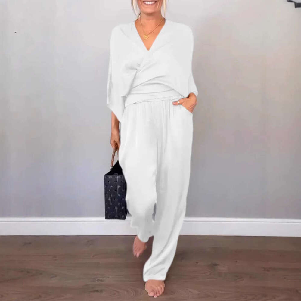 2025 Summer New European American Cross-Border Women's Clothing Independent Station Foreign Trade Solid Color Satin Short Sleeve Top and Pants Se