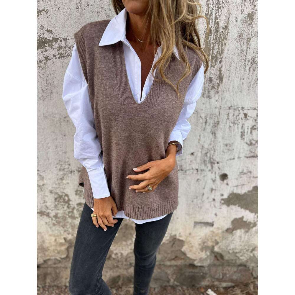 Cross-Border Autumn and Winter Casual V-Neck Knitted Solid Color Sweater Versatile Basic Vest