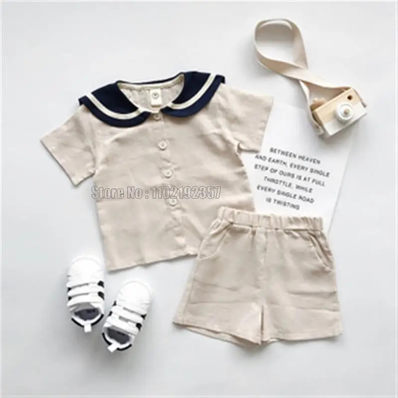 Navy style childrens sailor collar cotton linen T-shirtpants 2-piece summer clothing set for boys and girls 250409