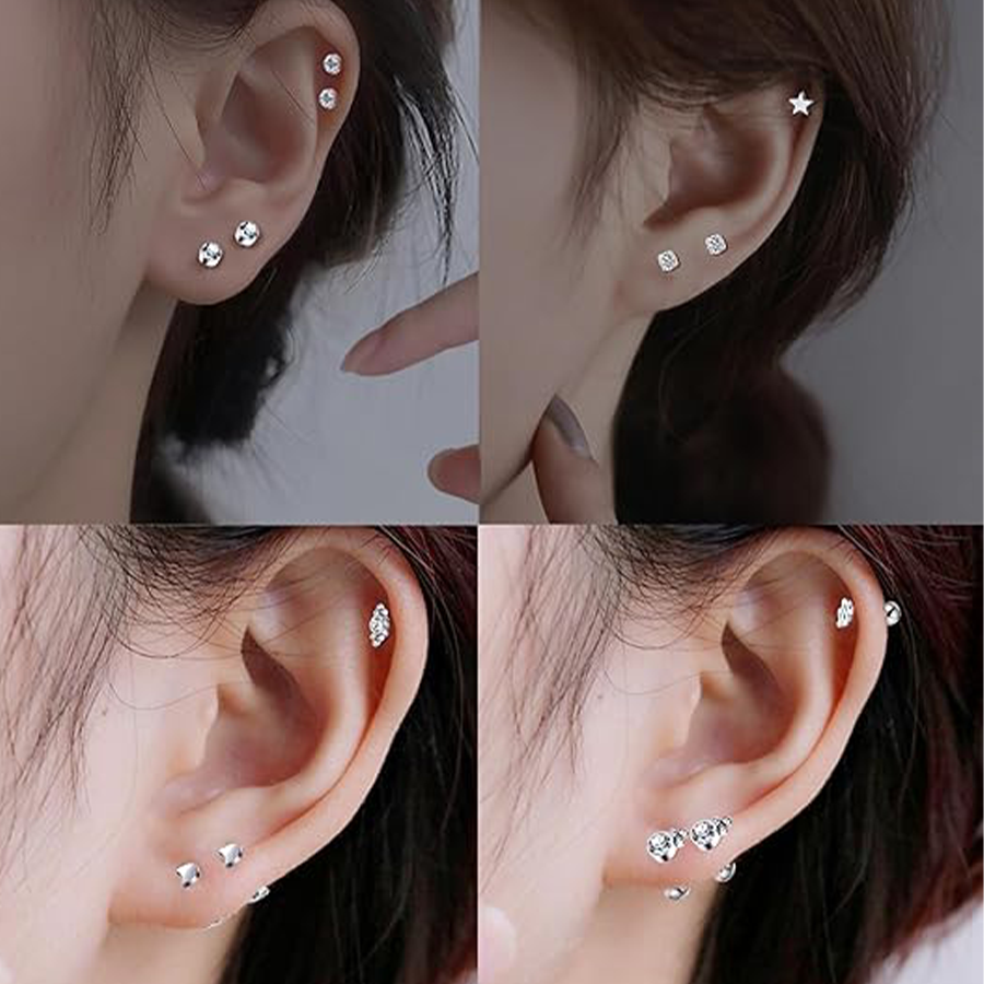 30Pcs Cartilage CZ Stud Earrings Conch Forward Helix Tragus Daith Piercing Lip Rings Heart Butterfly Jewelry for Women Men 16G Silver Tone