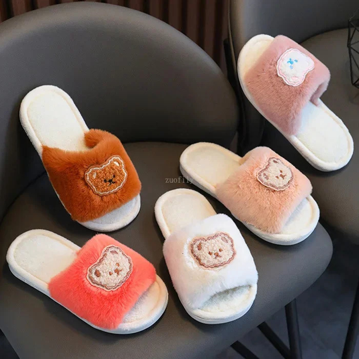 Girl cartoon slider fur open solid color home outdoor childrens slider winter fashion anti slip fully matched childrens shoes 250409