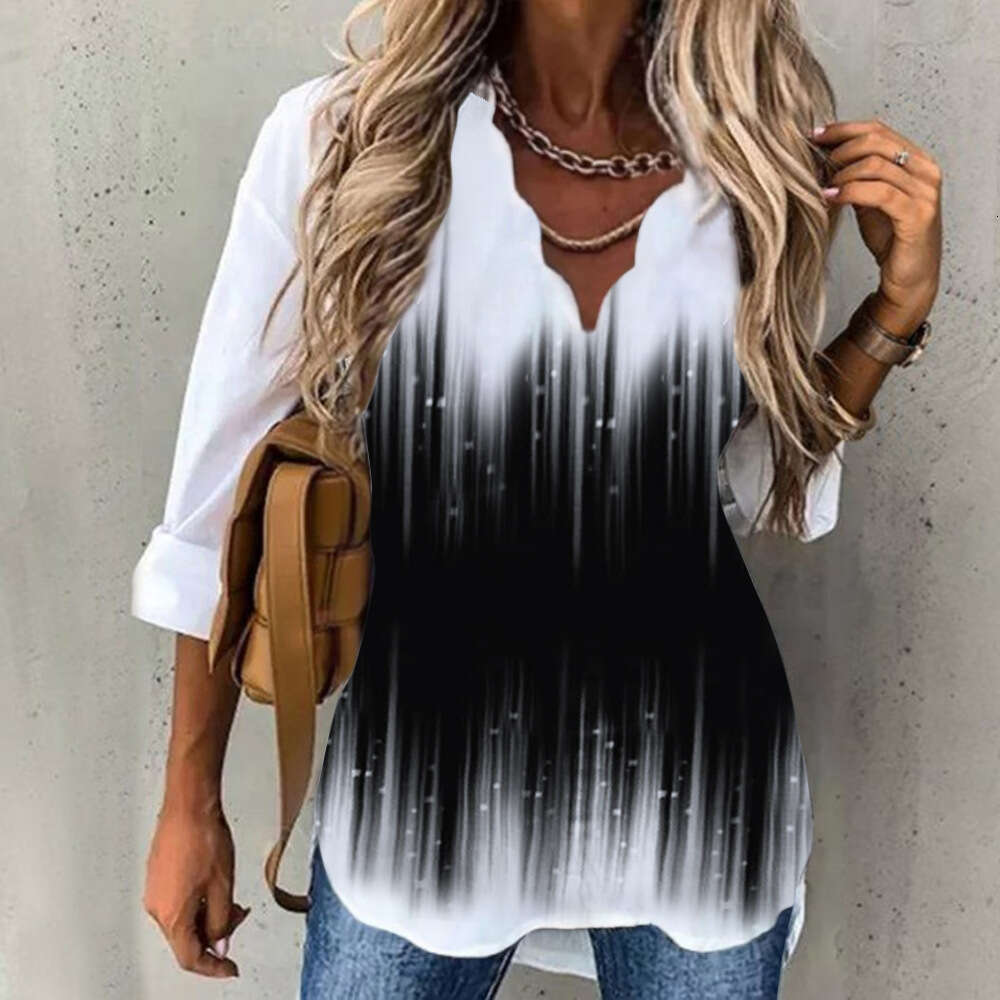 2025 Summer Amazon Cross-Border European and American Women's Fashion Elegant New Hot-Selling Wave Collar Shirt Printed Long Sleeve Women