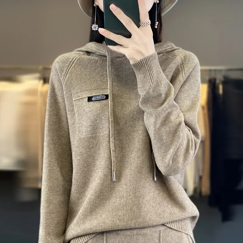 Womens Autumn Winter Knitted Hat Sweater Loose Solid Color Long Sleeve Base Shirt Outwear Casual Comfortable Hoodie 251106