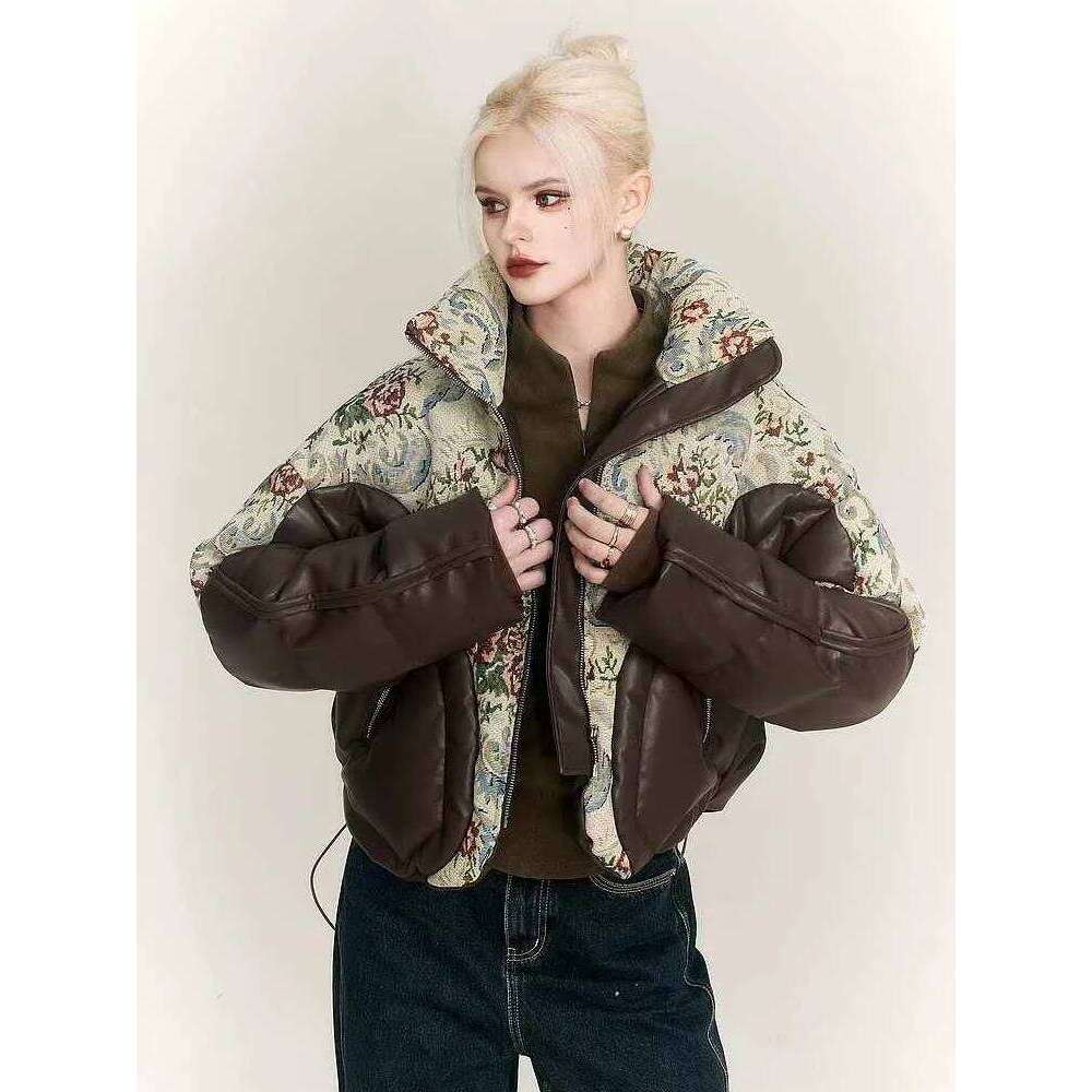 Vintage Coat Women's Winter Waterproof Embroidered Jacquard Jacket Down Thick Warm Outerwear PU Leather Parka