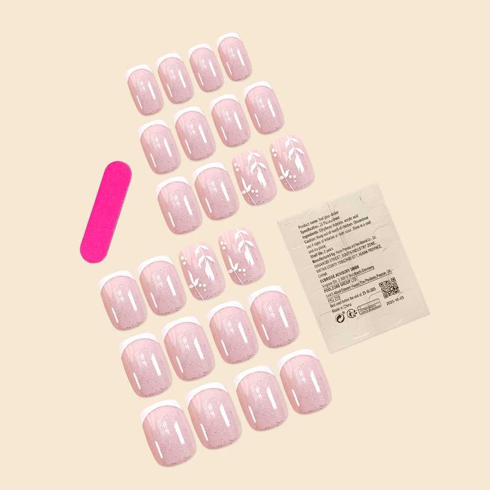 24 pieces/set short size French simple sparkling pink leaf girl fully covered wearable fake nails W250410