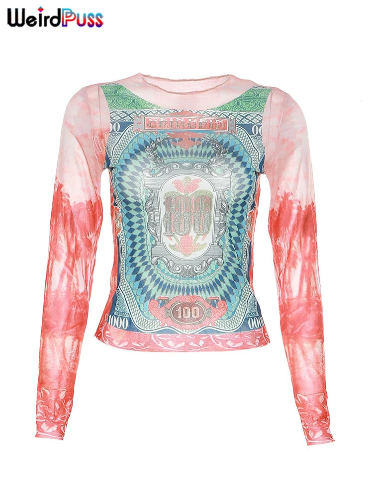 Weird Puss Dollar Print Womens Long sleeved Crop Top Y2K Fashion ONeck Wild Mesh Sexy Fall Slim Hipster Streetwear Gorgeous Tees 250407