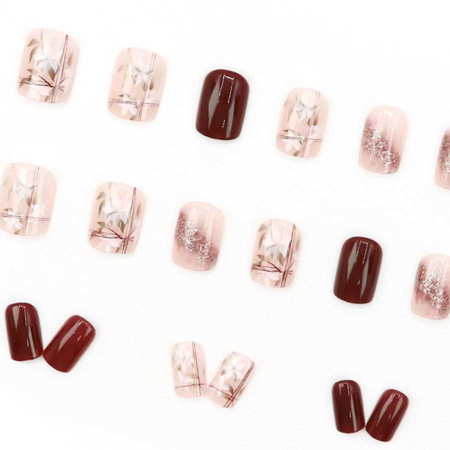 24 pieces of sparkling white flower press nails pink gradient fake nails smooth artificial finger manipulation reusable fake nails W250410