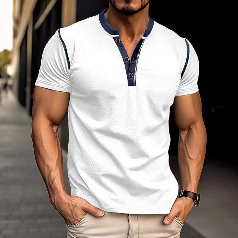 Summer European and American Short Sleeve Henley Shirt Men's Round Neck Color blocked T-shirt 2025 New Casual Versatile Fashion Clothing