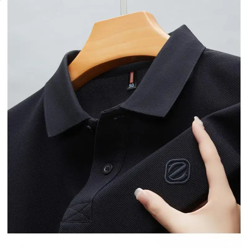 2025 Summer Selling Embroidered Mens 100% Pure Cotton Ice Silk Short Sleeved Casual Breathable Polo Shirt 250407