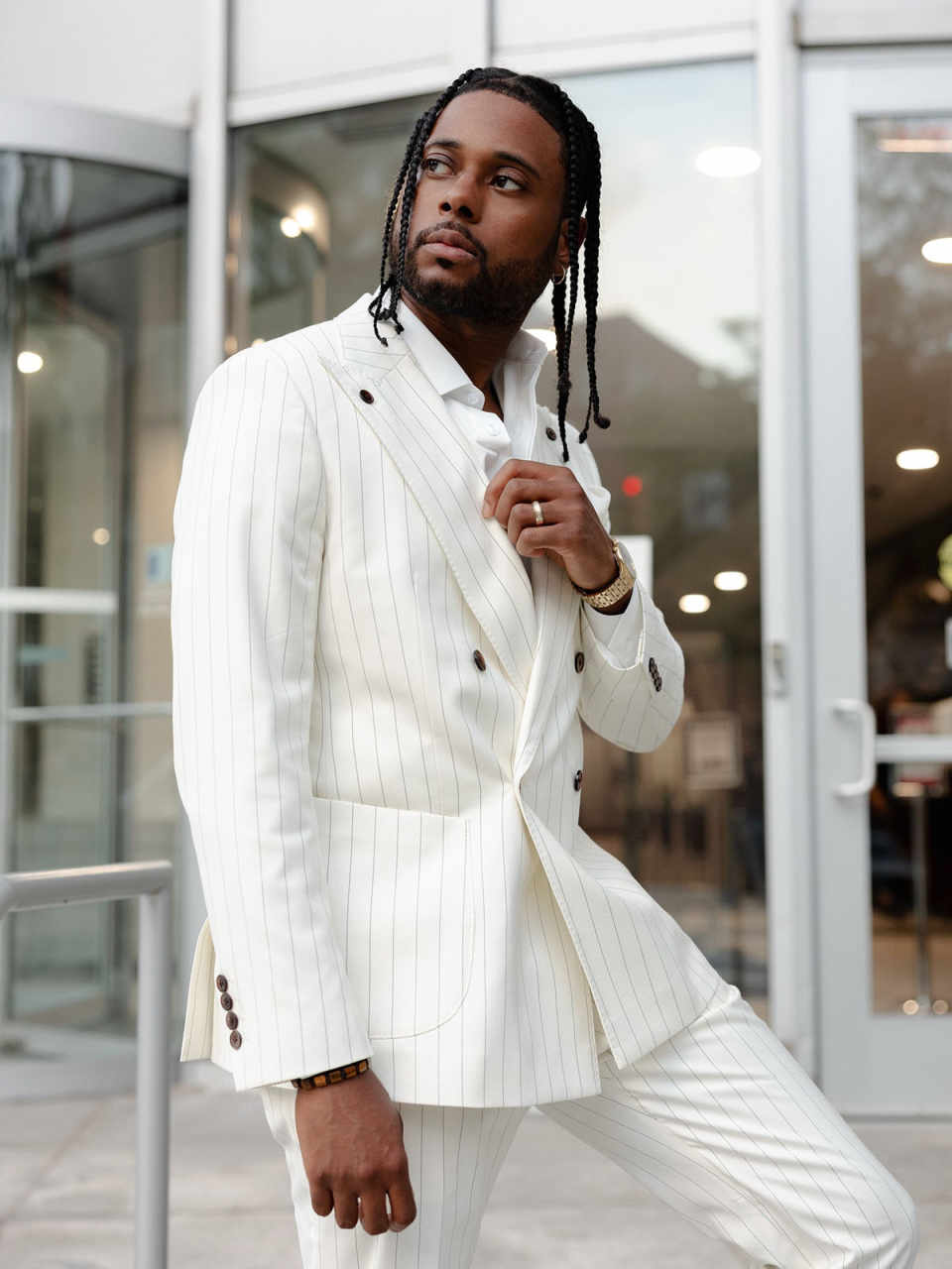 Formal Man Tuxedos Pinstripe 2 Piece Set Jacket Pants Men Suit Peaked Lapel Double Breasted Wedding Groom Coat Customized