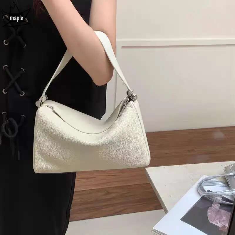 New Beige Color Wide Strap Pillow Tote Genuine Cow Leather Women Handbag Big High-End Commuter Crossbody Bag