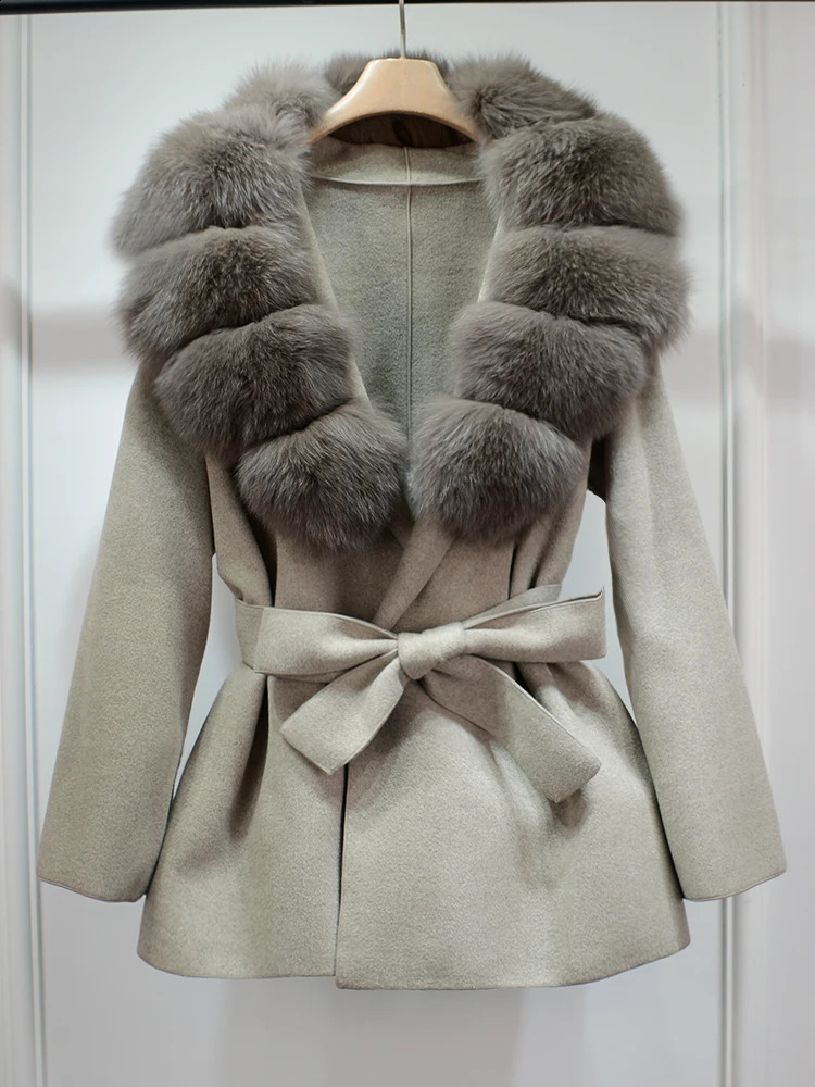 Janveny Wool Coat Women 2025 Winter Autumn Cashmere Coats Real Fox Fur Collar Ladies Elegant Belt n Outwear 251105