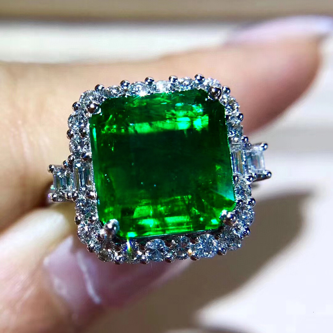 New High-end Designer Ring Elegant Square Fashion Ring Simulated Emerald Tourmaline Open Ring For Women Cluster Zircon Adjustable Ring
