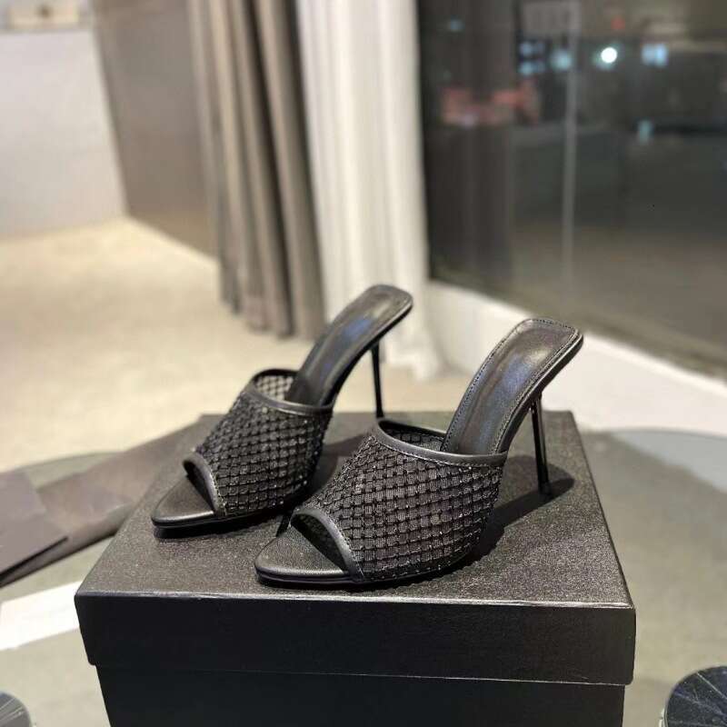 Guangzhou High-Quality 2024 Spring Summer New Rhinestone Mesh Peep-Toe Genuine Leather Sole Stiletto Heel Sandals For Women
