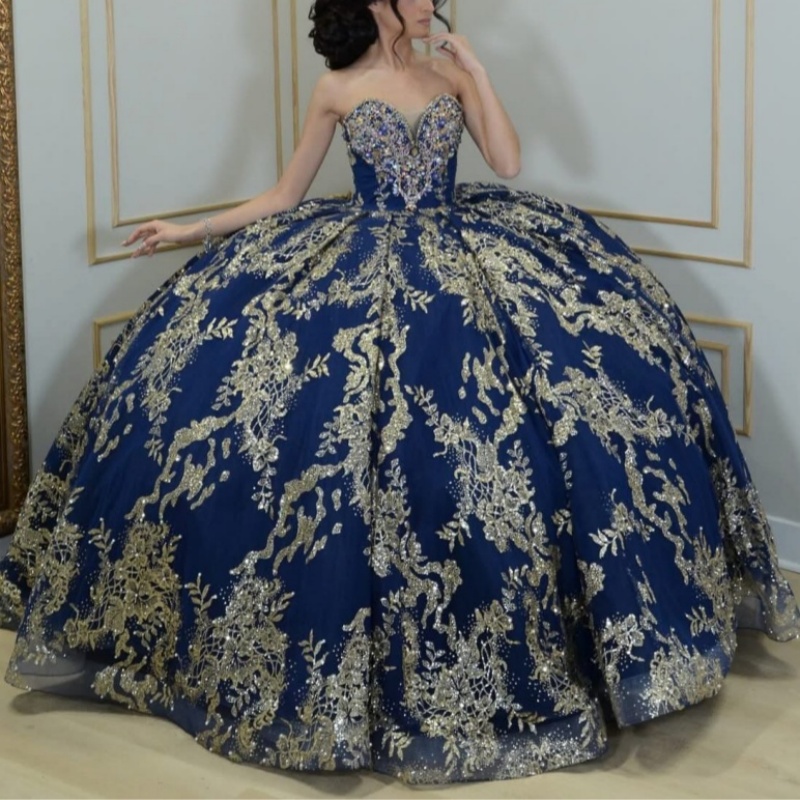 Royal Blue Quinceanera Dresses Off Shoulder Ball Gown Sweet 16 Dress Gold Applique Lace Beads Tull Birthday Party Vestidos 15 De Anos