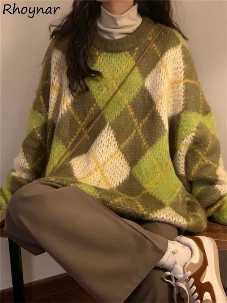 Fashion Retro Green Pullovers Women Cozy Minimalist BF Style Autumn Argyle Casual Harajuku Baggy Sweater Long Sleeve All-match Knitwear Y251110