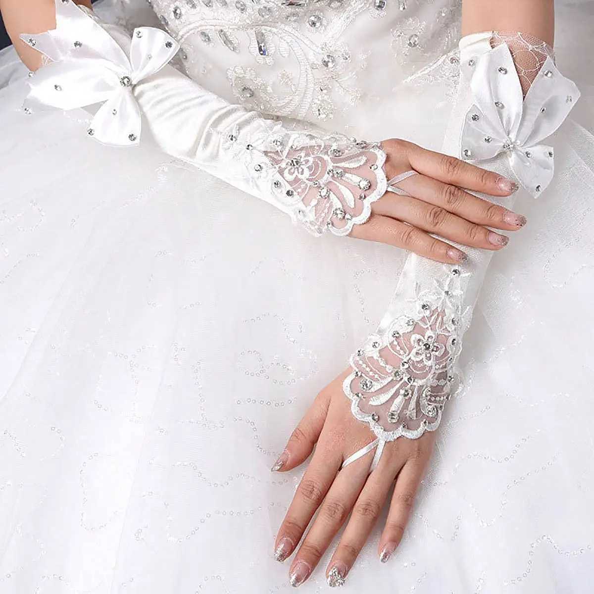 Satin Long Womens Wedding Gloves Ivory Fingerless Lace Bridal Crystal Bow Flower for Bride Rhinestone Accessory L251110