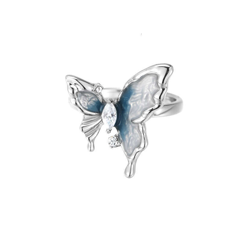 DHcollections Niche Design Blue and White Oil Drop Butterfly for Women, Ins Cool Style Finger Ring, Original High-end Elegant Ring Trend