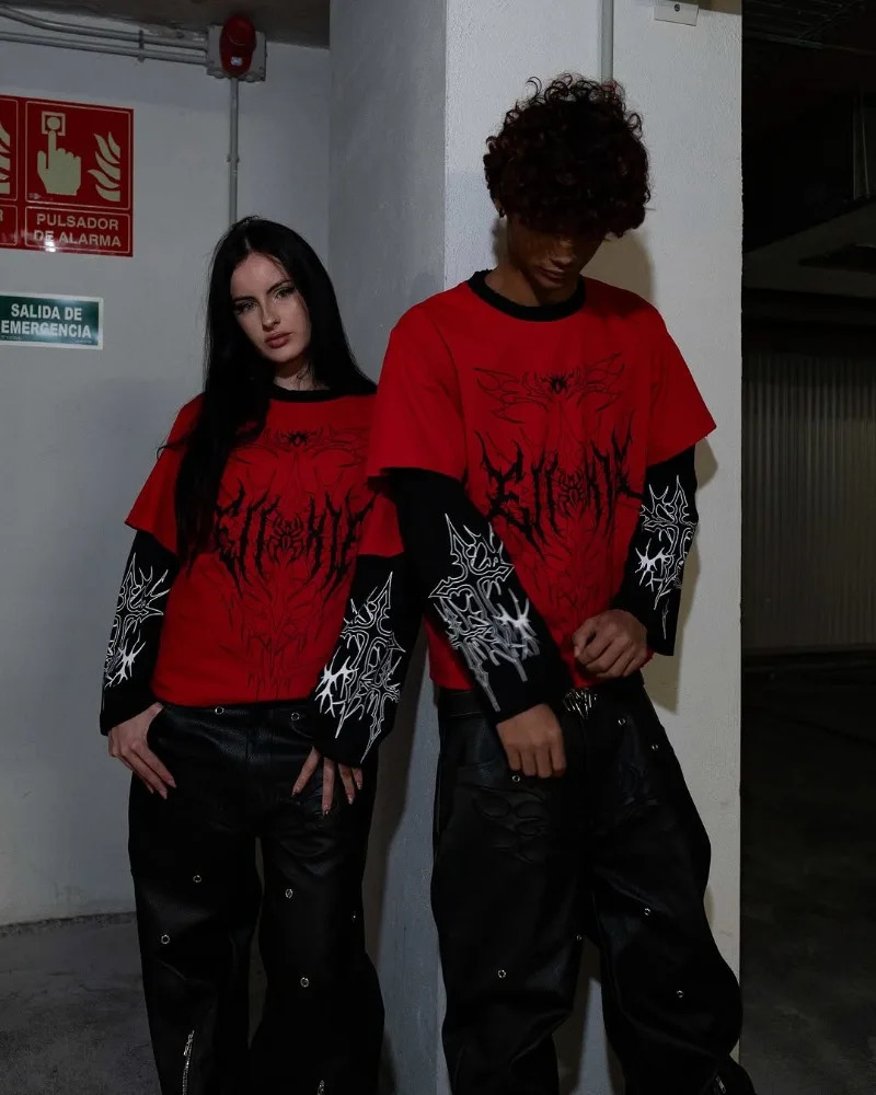 Y2k Men clothing hoodie Harajuku Fashion print long sleeve patchwork sweatshirt Retro high street trend couple loose hoodie 250409