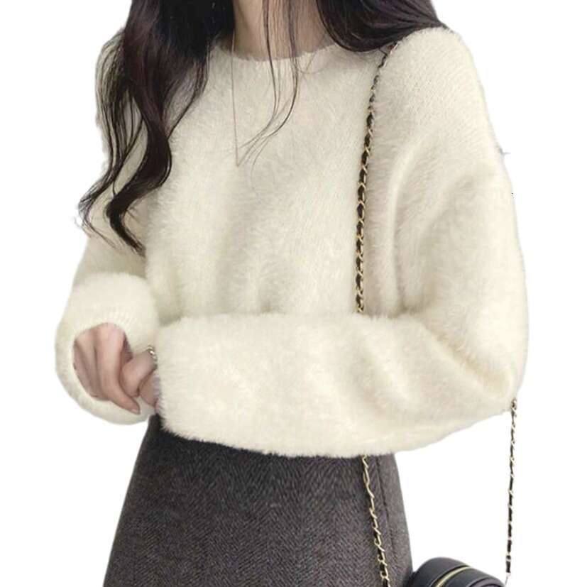 European and American Cross-Border Imitation Mink Fur Sweater for Women 2024 New Autumn Winter Round Neck Pullover Lazy Style Long Sleeve Knitted Top