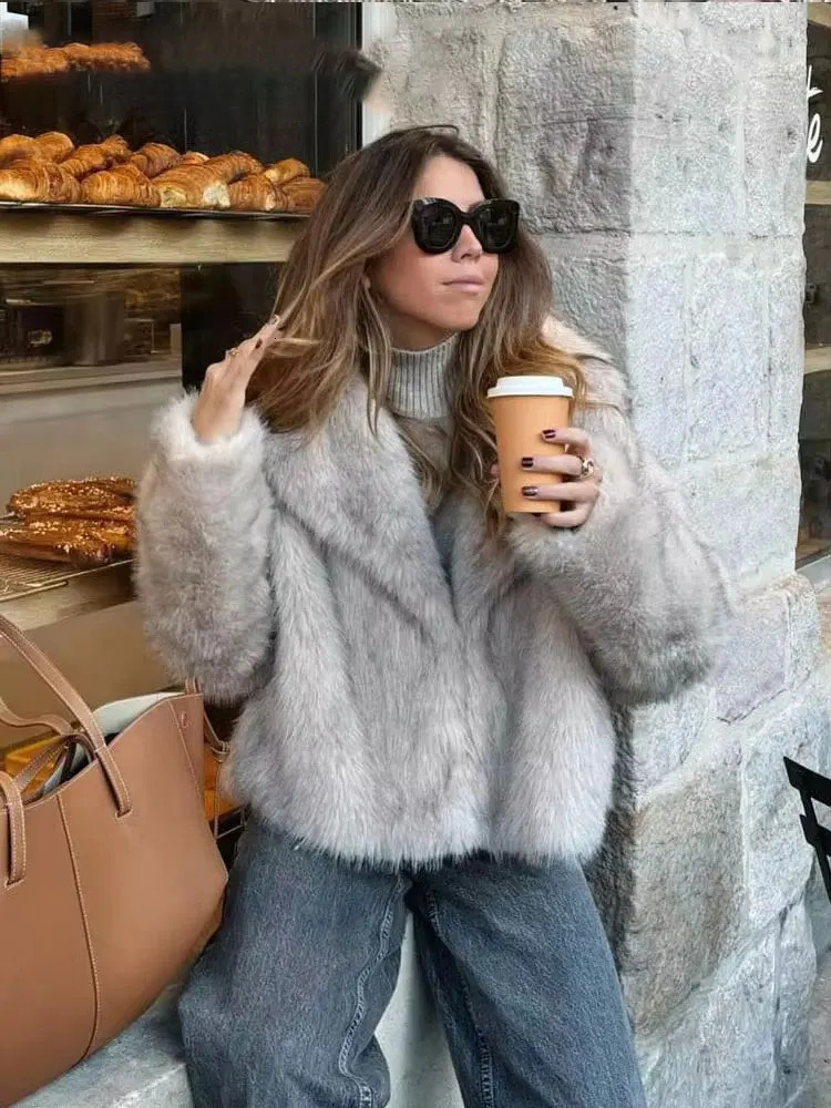 HH Women Elegant Faux Fur Coat Warm Fluffy Loose Long Sleeve Lapel Jacket Autumn Winter Fashion High Street Lady Outerwear 251110