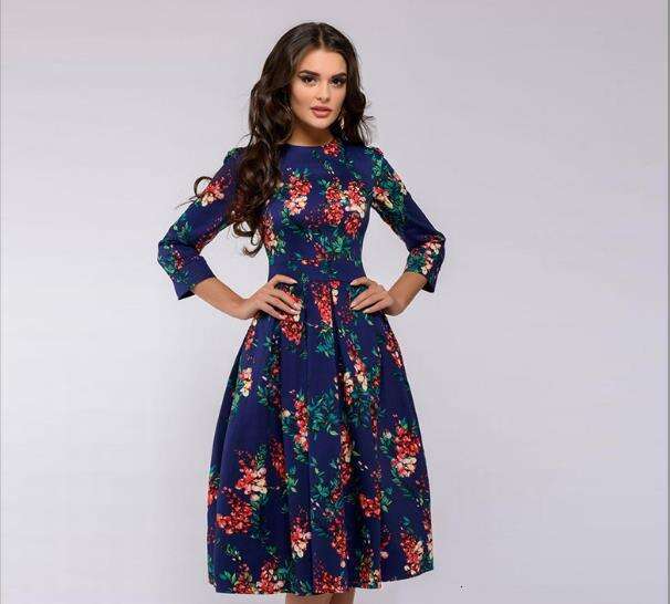 2022wish European and American Autumn Winter Women's A-line Party Retro Small Floral Three-quarter Sleeve Round Neck Dress
