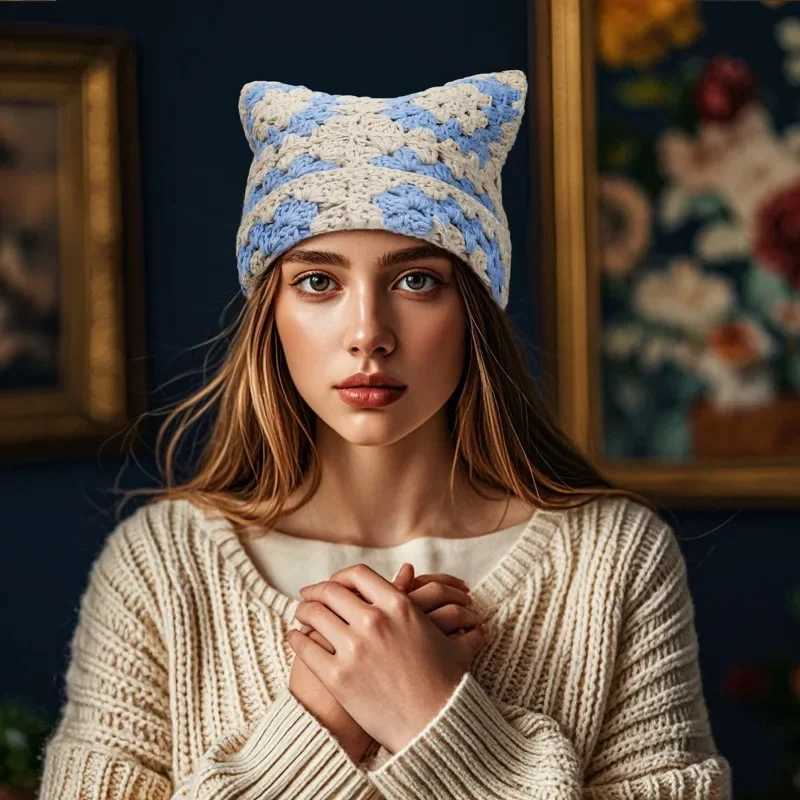 Japanese Autumn and Winter Cute Cat Ears Pullover Hat Hand-crocheted Grandmother Grid Hollow Trend Skull Beanie Cap for WomensXJ251110