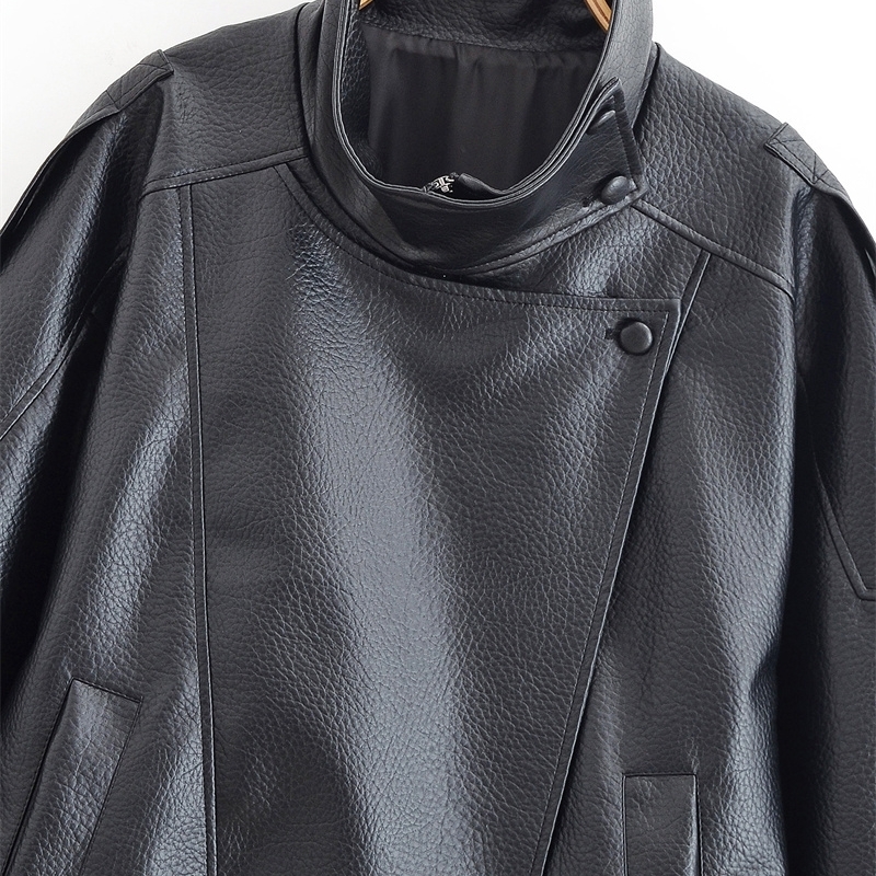 Womens Jacket Fall Black Long Sleeve Pebble Faux Leather Motorcycle Style Personality Fashion 251105